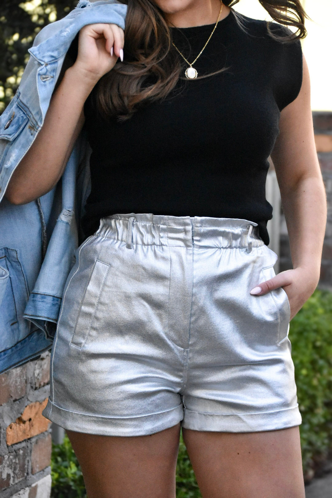 Make Me Smile Silver Elastic Waist Shorts