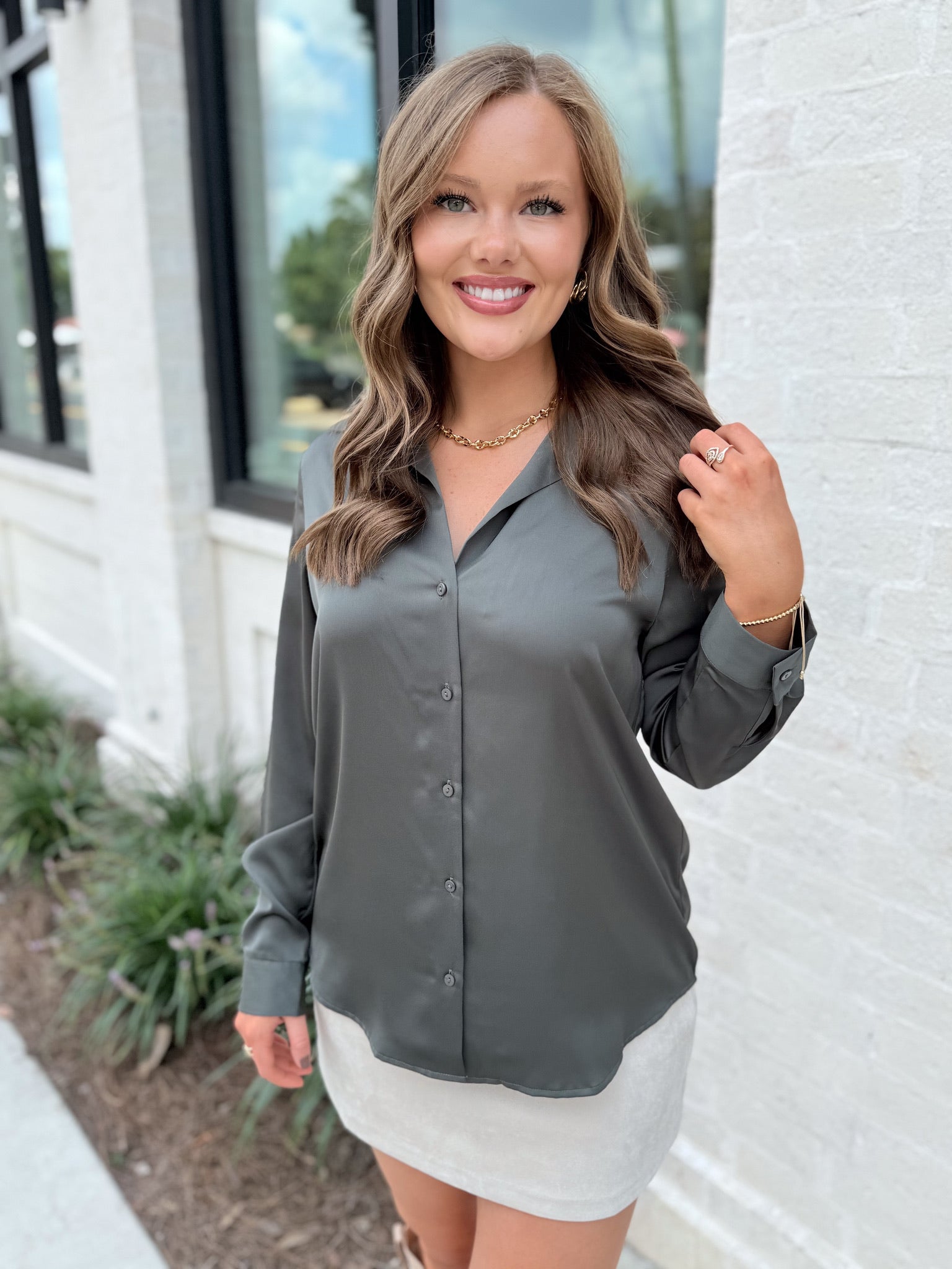 Show & Tell Button Down Dark Olive Blouse