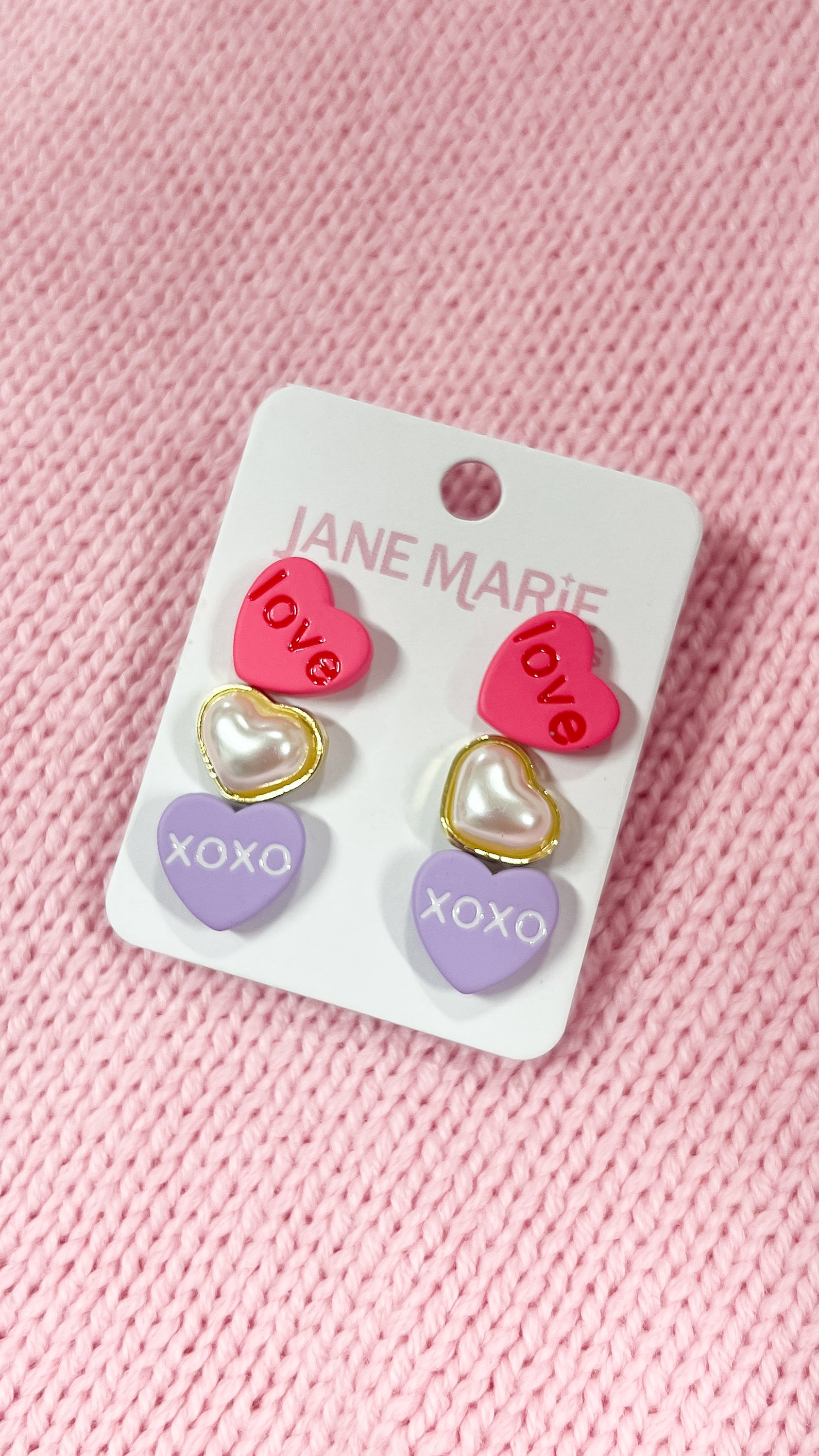 Set of 3 Pink, Pearl & Lavender Heart Earrings