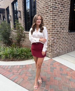 Walk With Me Burgundy Belted Mini Skirt