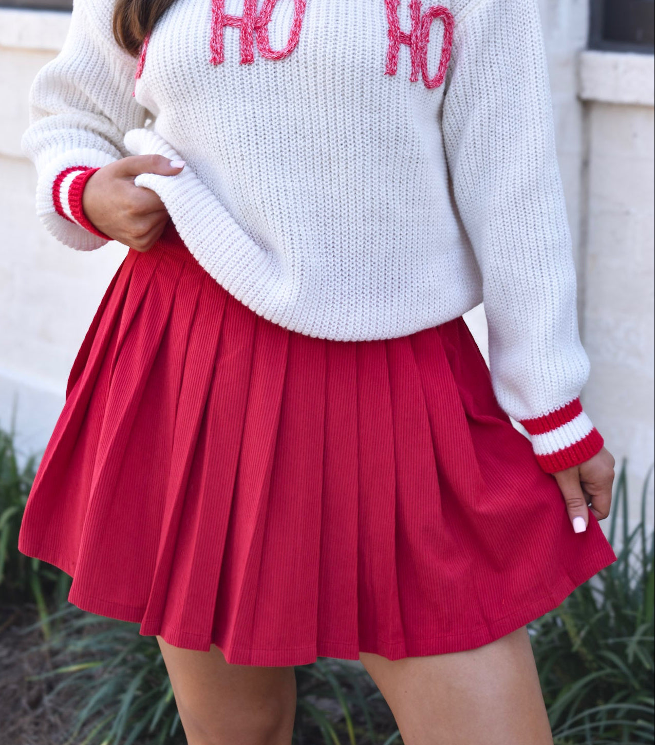 Sweet Talk Red Corduroy Pleated Mini Skirt
