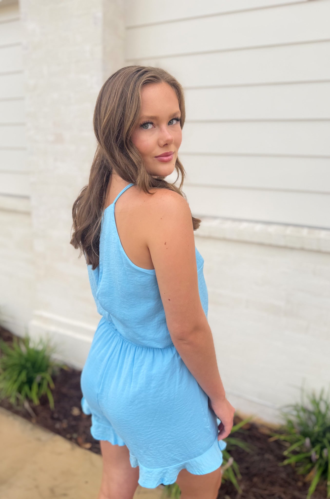That Grove Feeling Carolina Blue Satin Romper