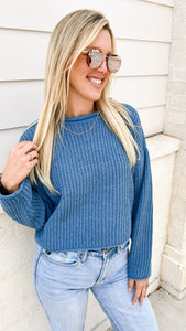 Near The End Gray Blue Sweater