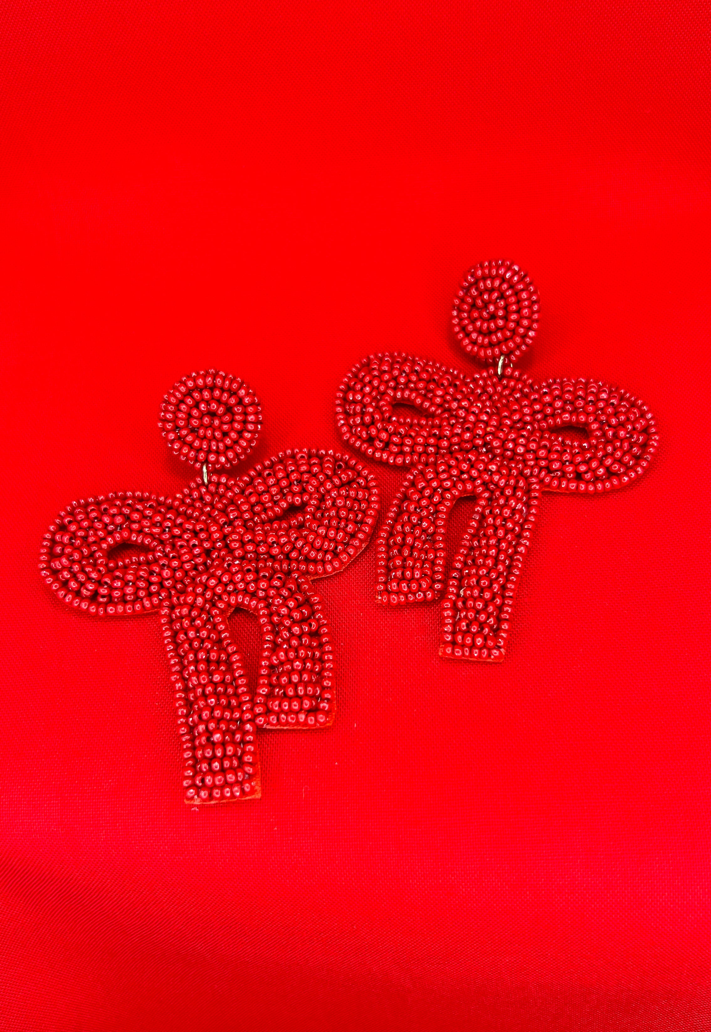Red Seed Beaded Post with Bow Earrings
