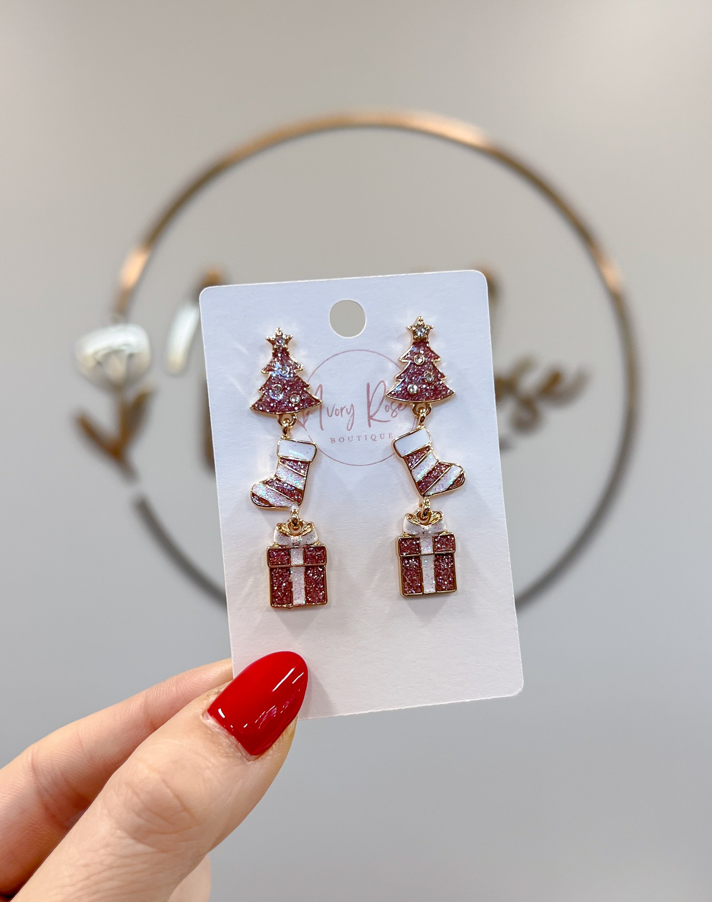 3 Tier Pink Christmas Tree Earrings