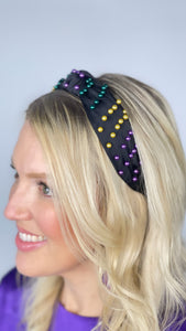 Black Pearl Headband-Purple, Green & Gold Beads