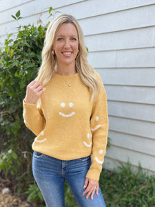 Happy Girl Smile Print Mustard Sweater