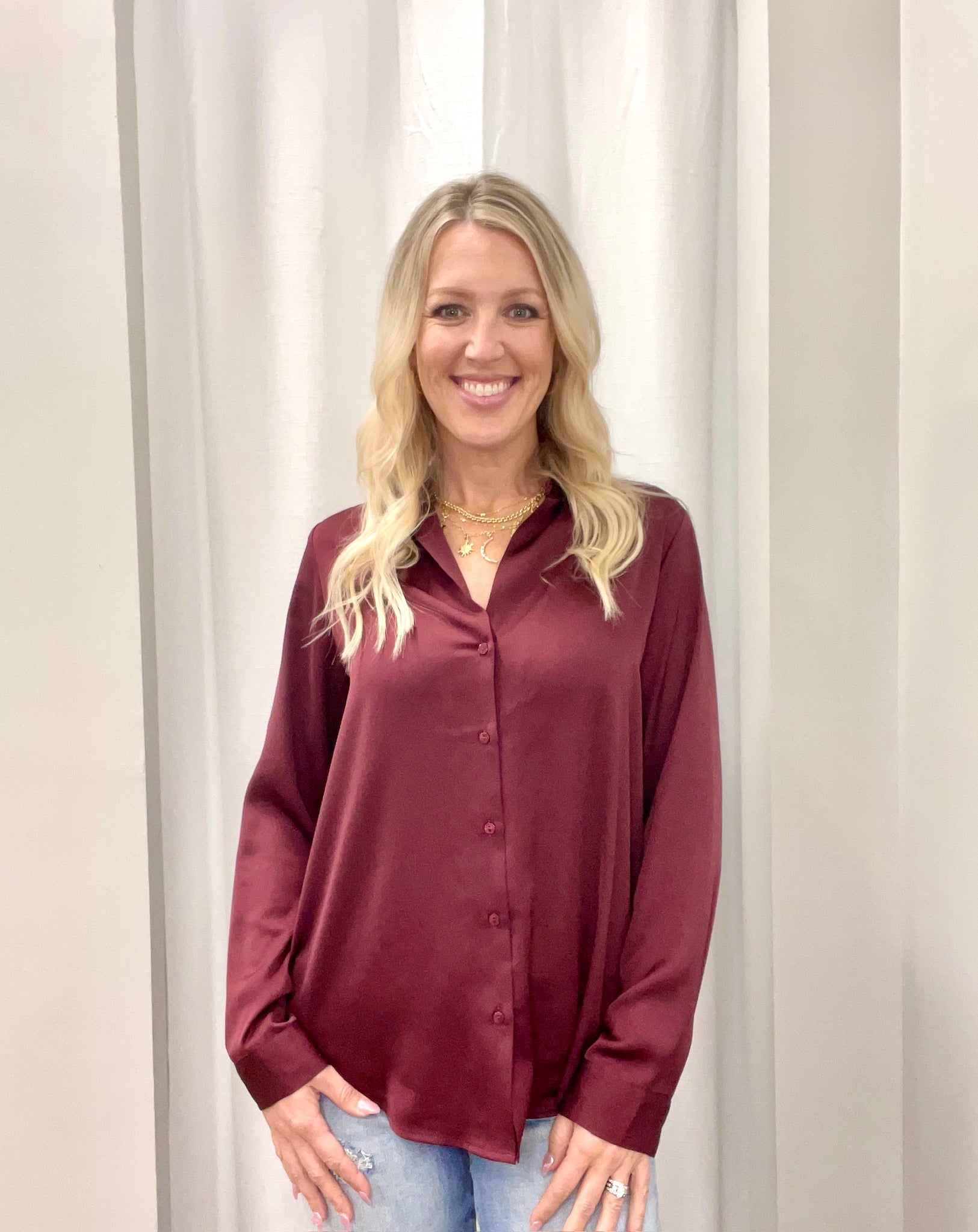 Show & Tell Button Down Plum Blouse