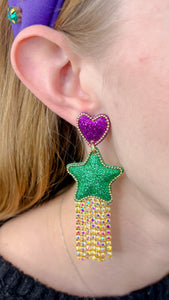Purple Heart Post & Green Glitter Star Earrings