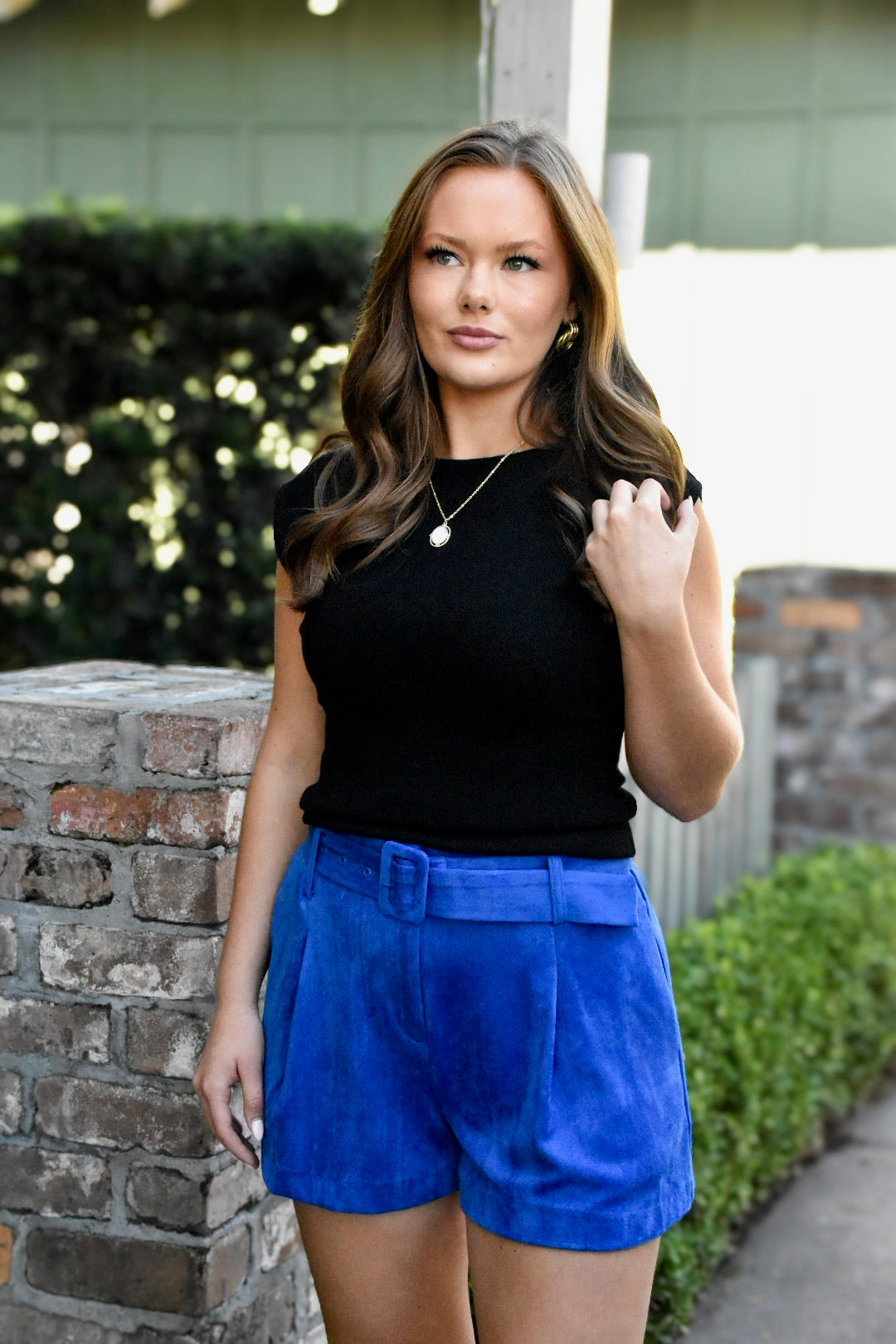 Cobalt Blue Soft Suede Pleated Shorts