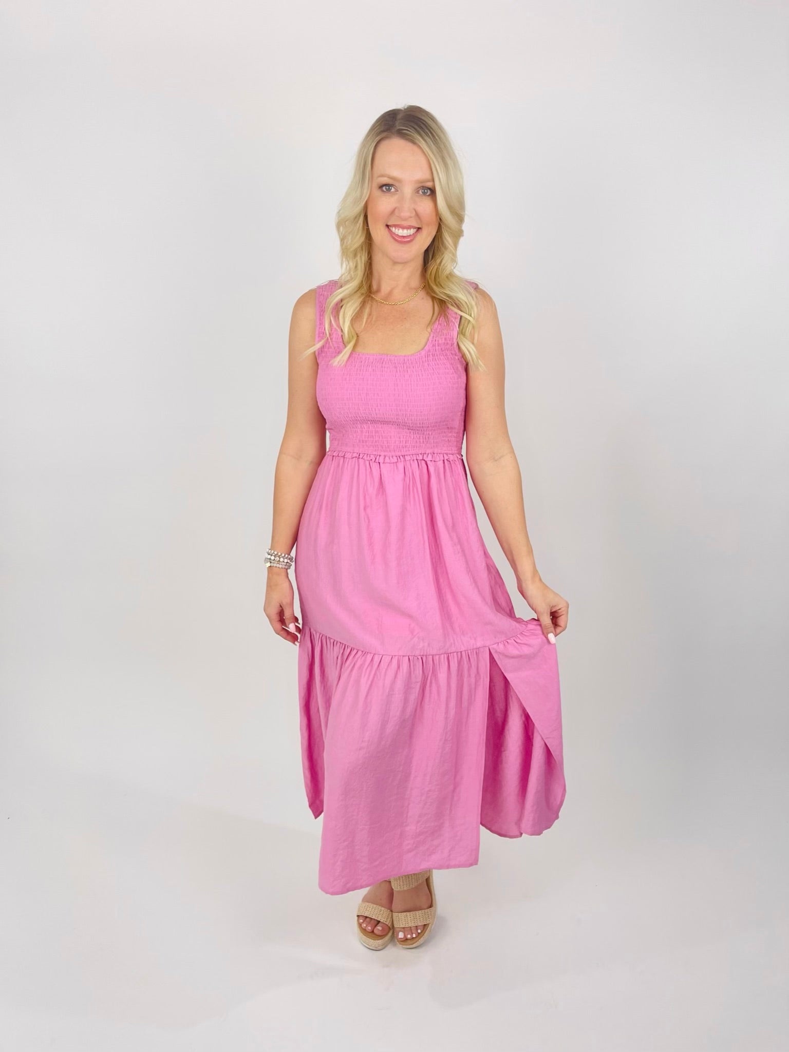 Happy To Be Here Pink Smocked Tank Babydoll Maxi Dress