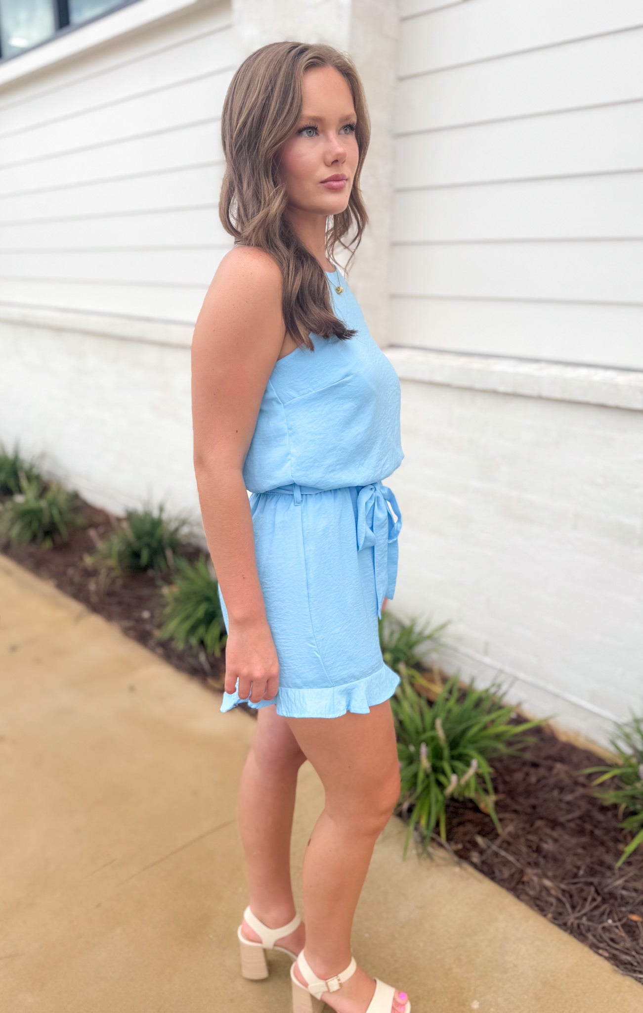 That Grove Feeling Carolina Blue Satin Romper