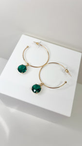 Gold Hoop With Green Stone Earring