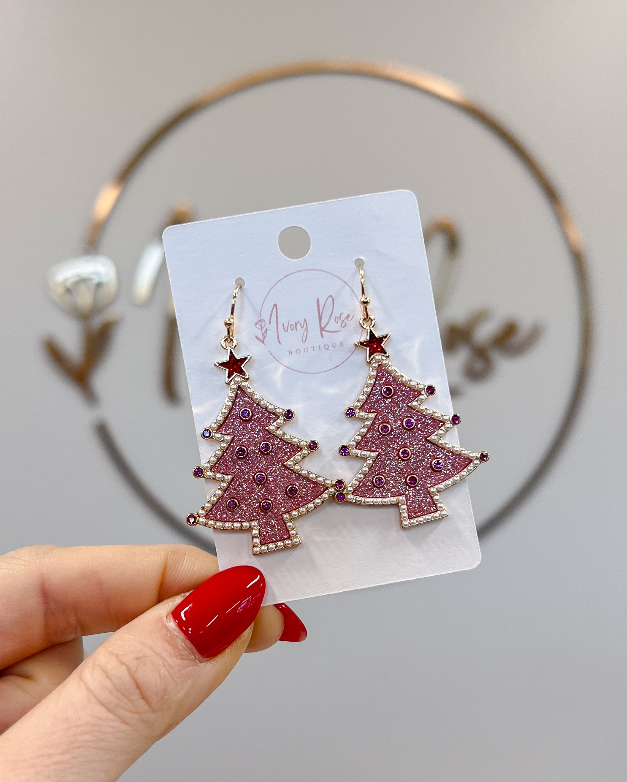 Pink Christmas Tree Star Earrings
