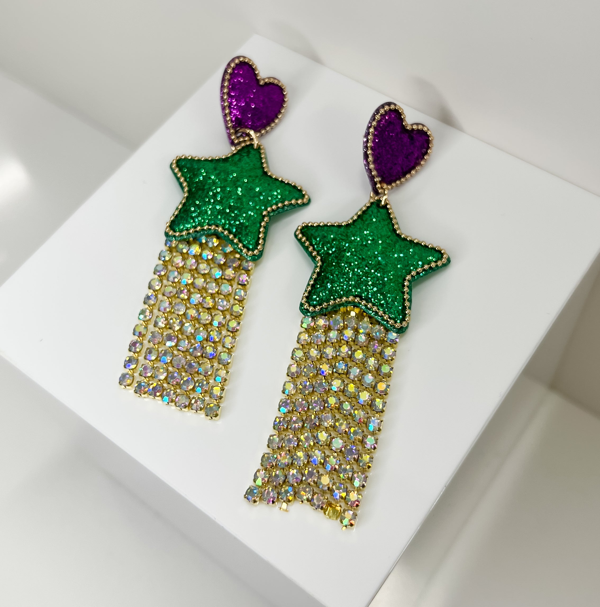 Purple Heart Post & Green Glitter Star Earrings