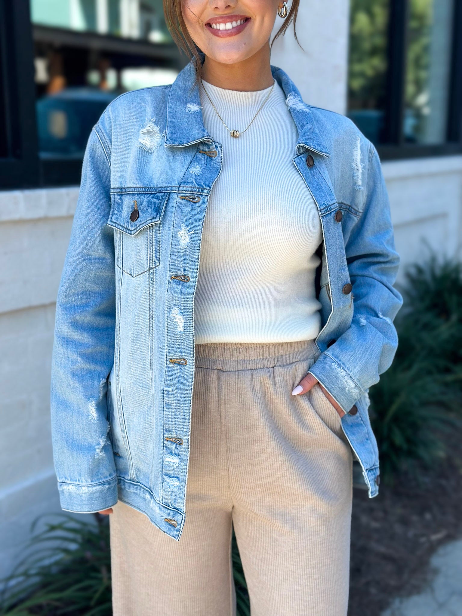 Amber Loose Fit Light Wash Distressed Jacket