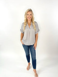 Simply Basic Grey Silk Short Sleeve Top