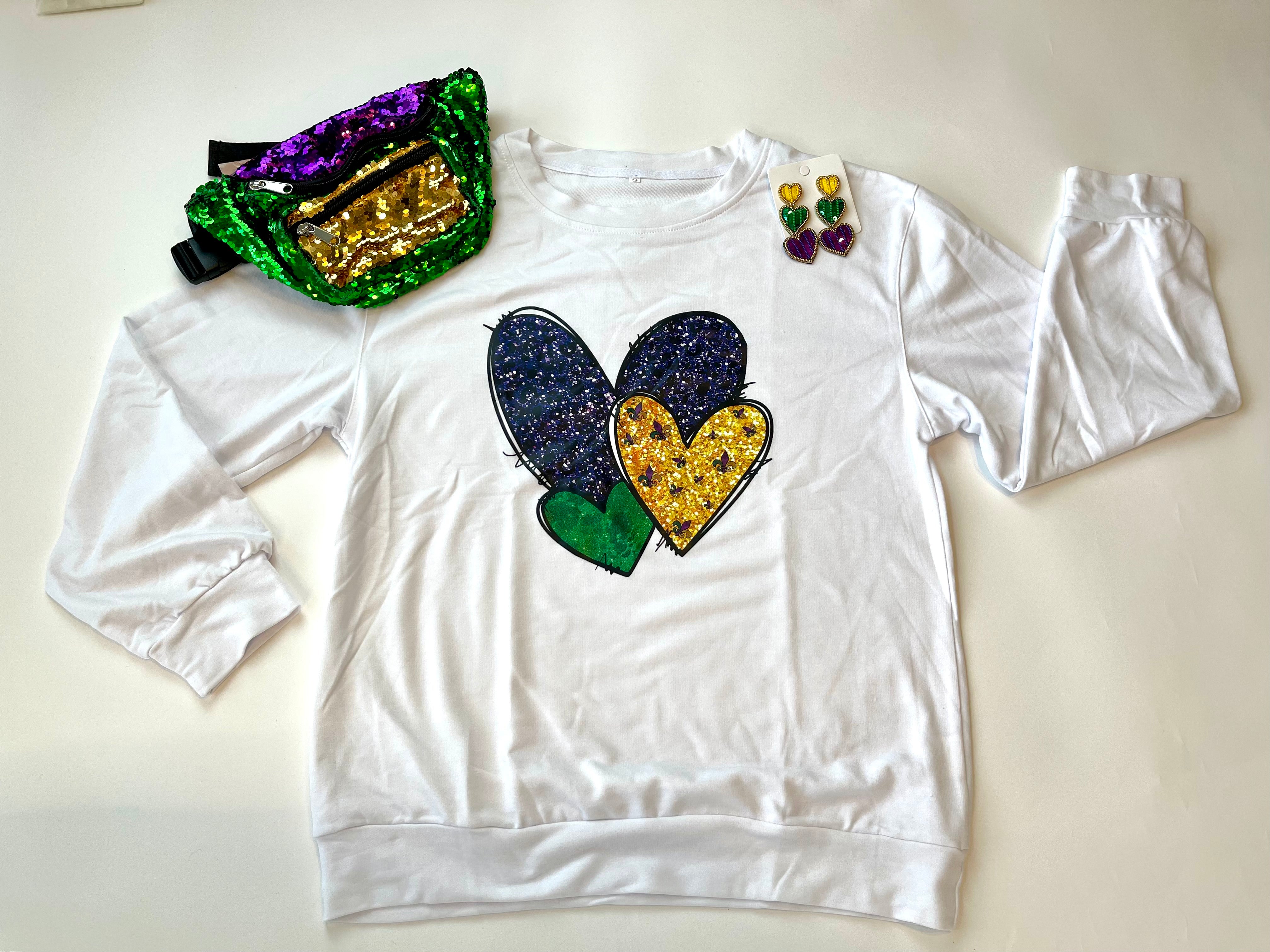 Purple Green & Gold Mardi Gras Hearts Sweatshirt