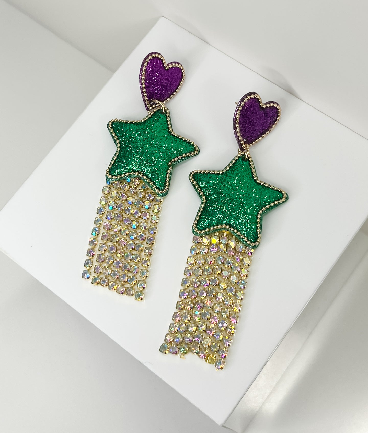 Purple Heart Post & Green Glitter Star Earrings