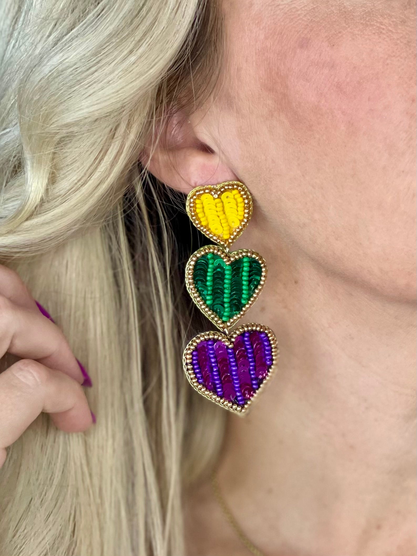 Purple, Green & Gold Triple Heart Sequins Earrings