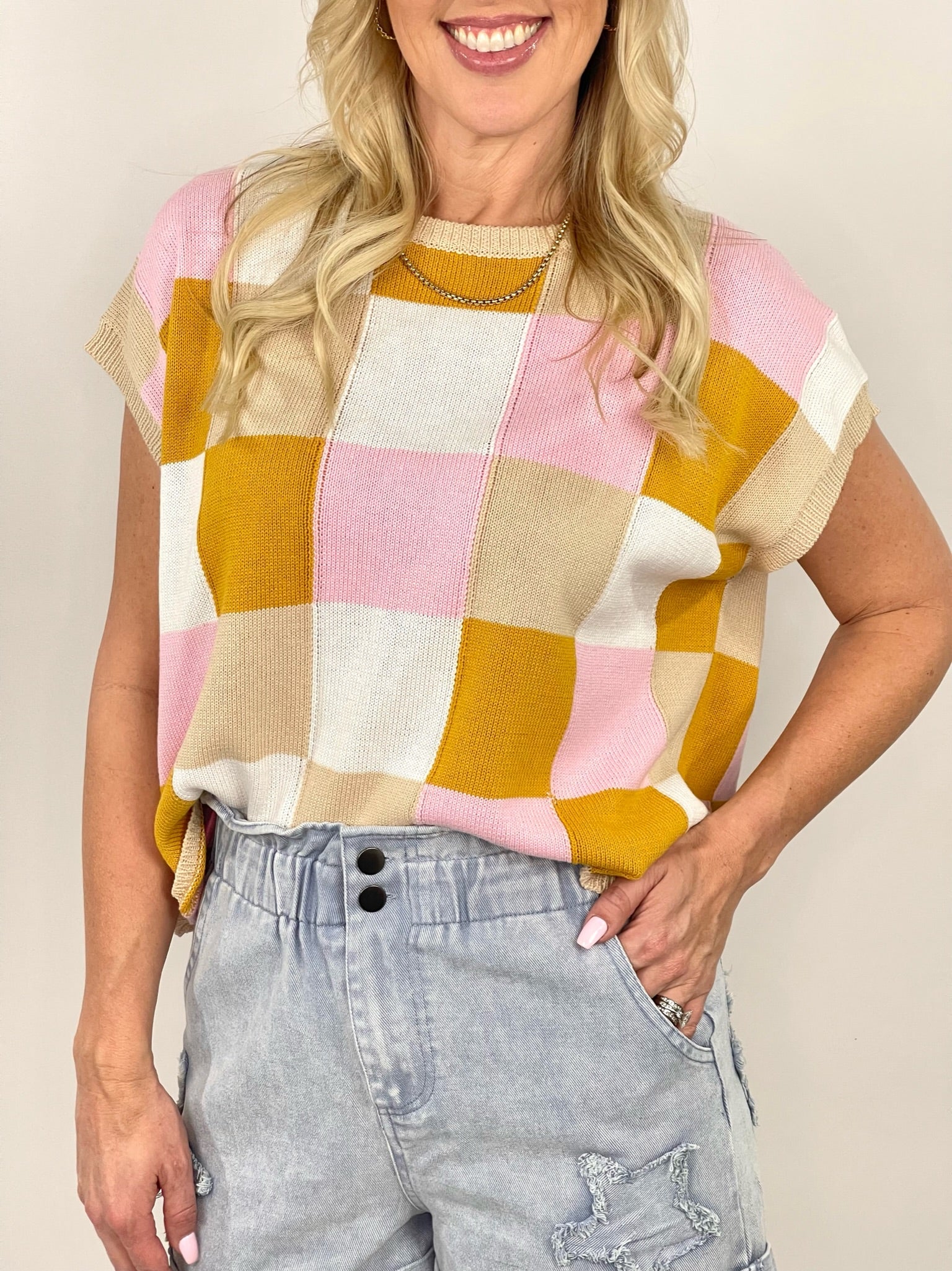Block Party Sleeveless Checkered Sweater Top