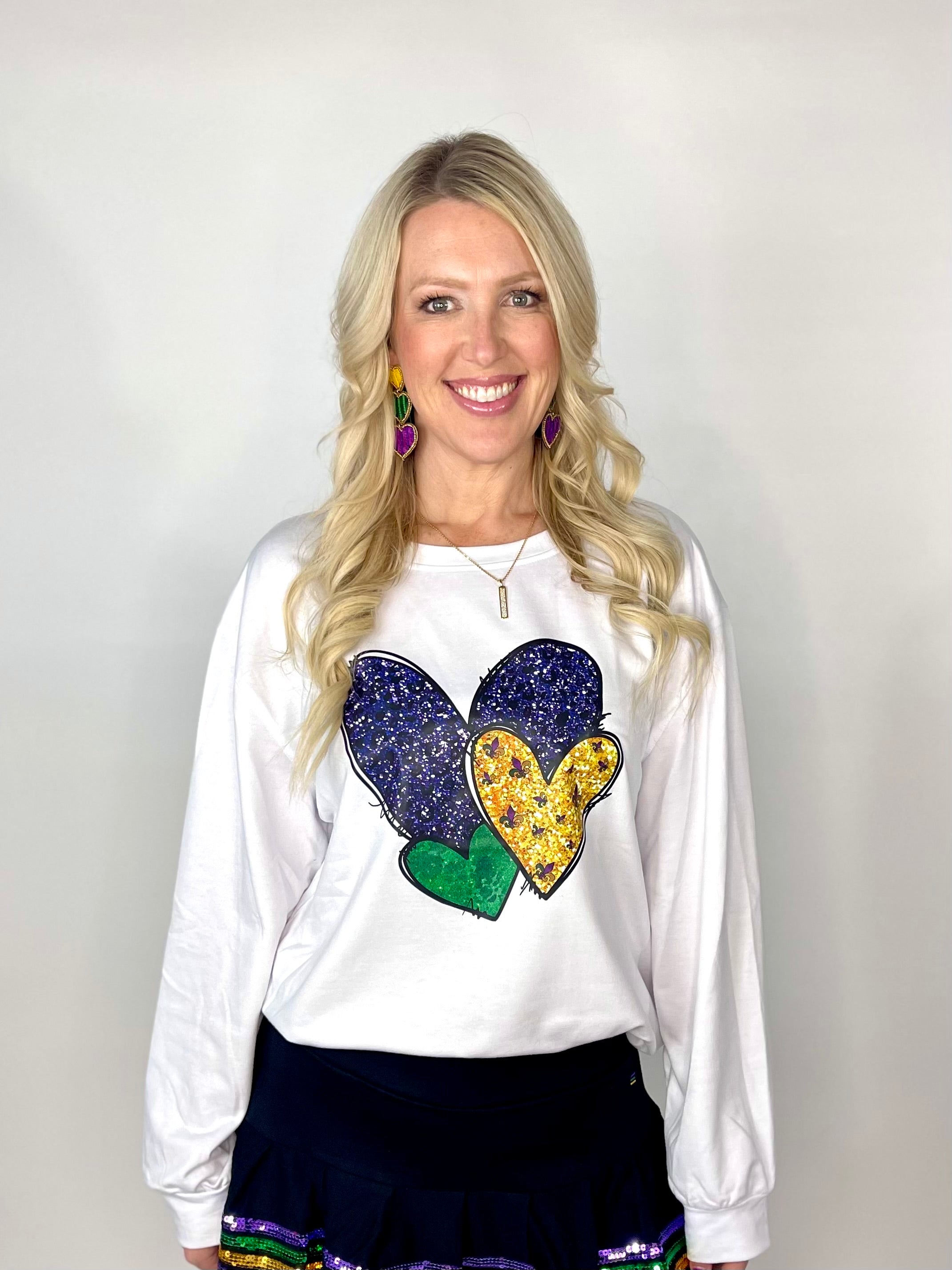 Purple Green & Gold Mardi Gras Hearts Sweatshirt