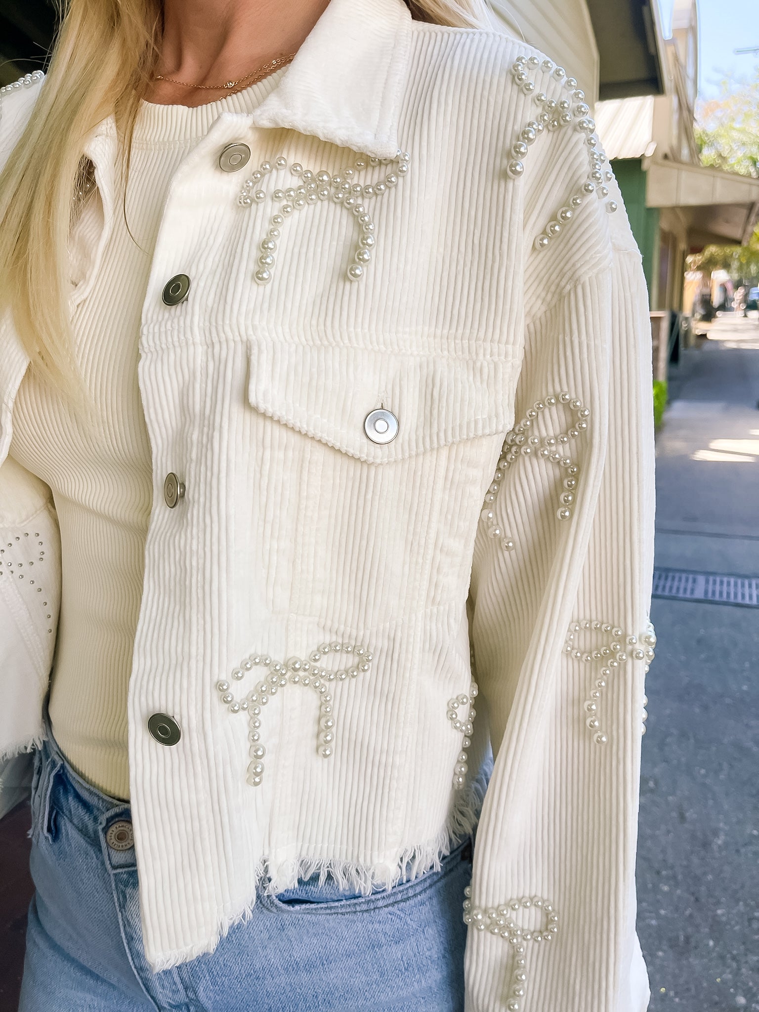 Pearl Bows White Corduroy Cropped Jacket