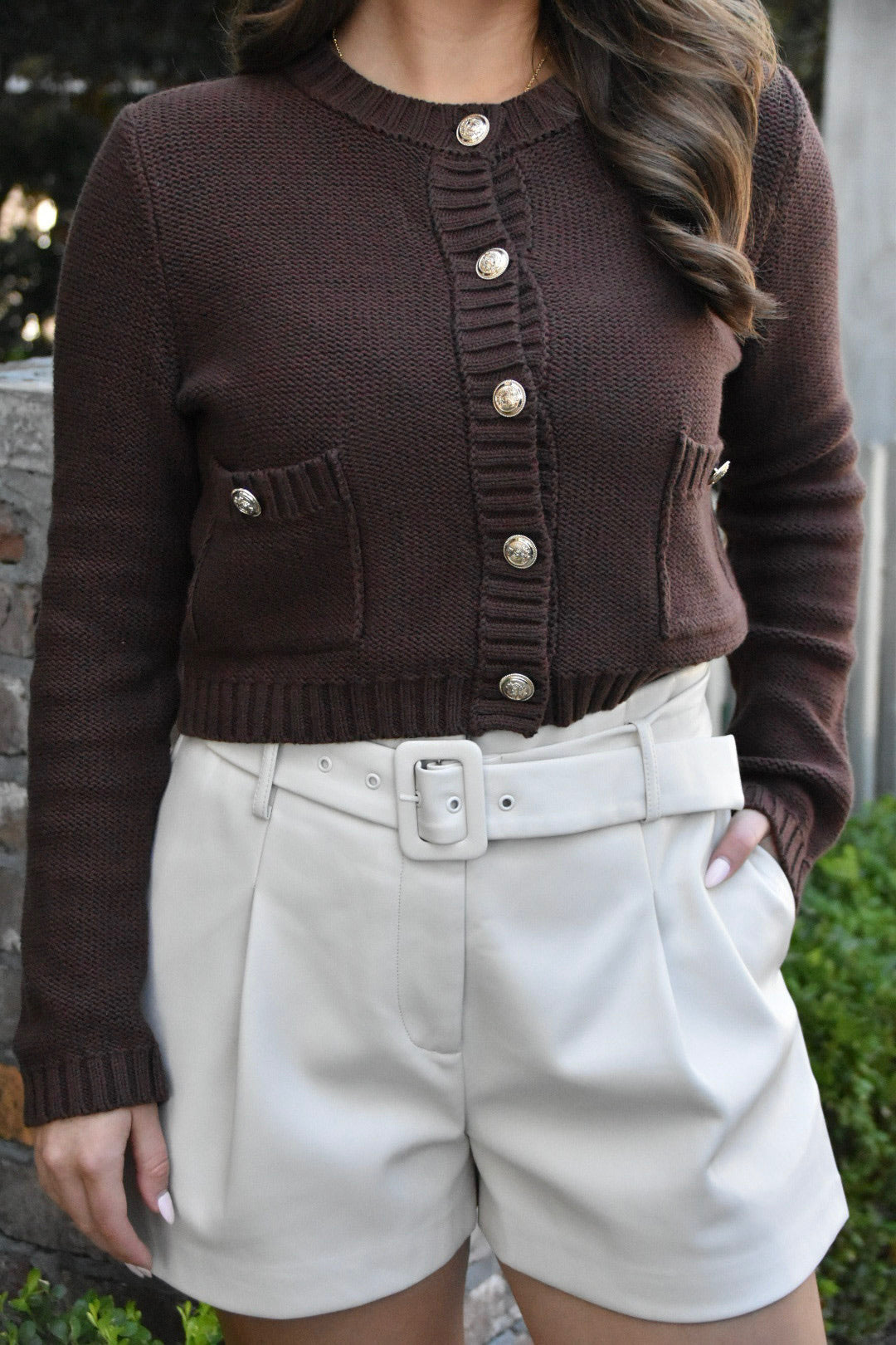 Tina Gold Button Trim Knit Chocolate Sweater