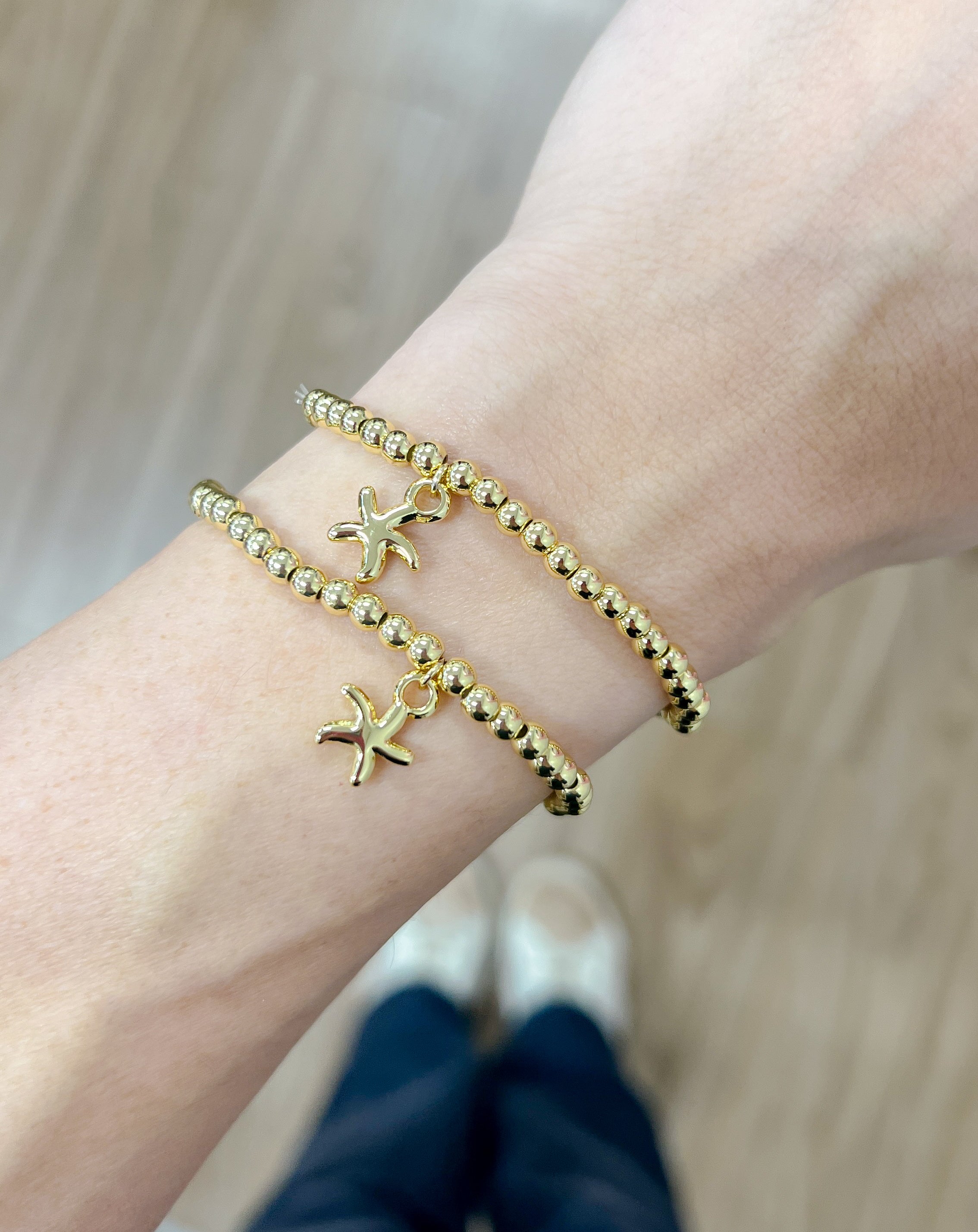 4 MM Star Fish Charm Gold Ball Bracelet