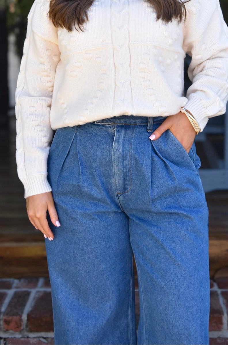 Karen Denim Pleated Wide Leg Pants