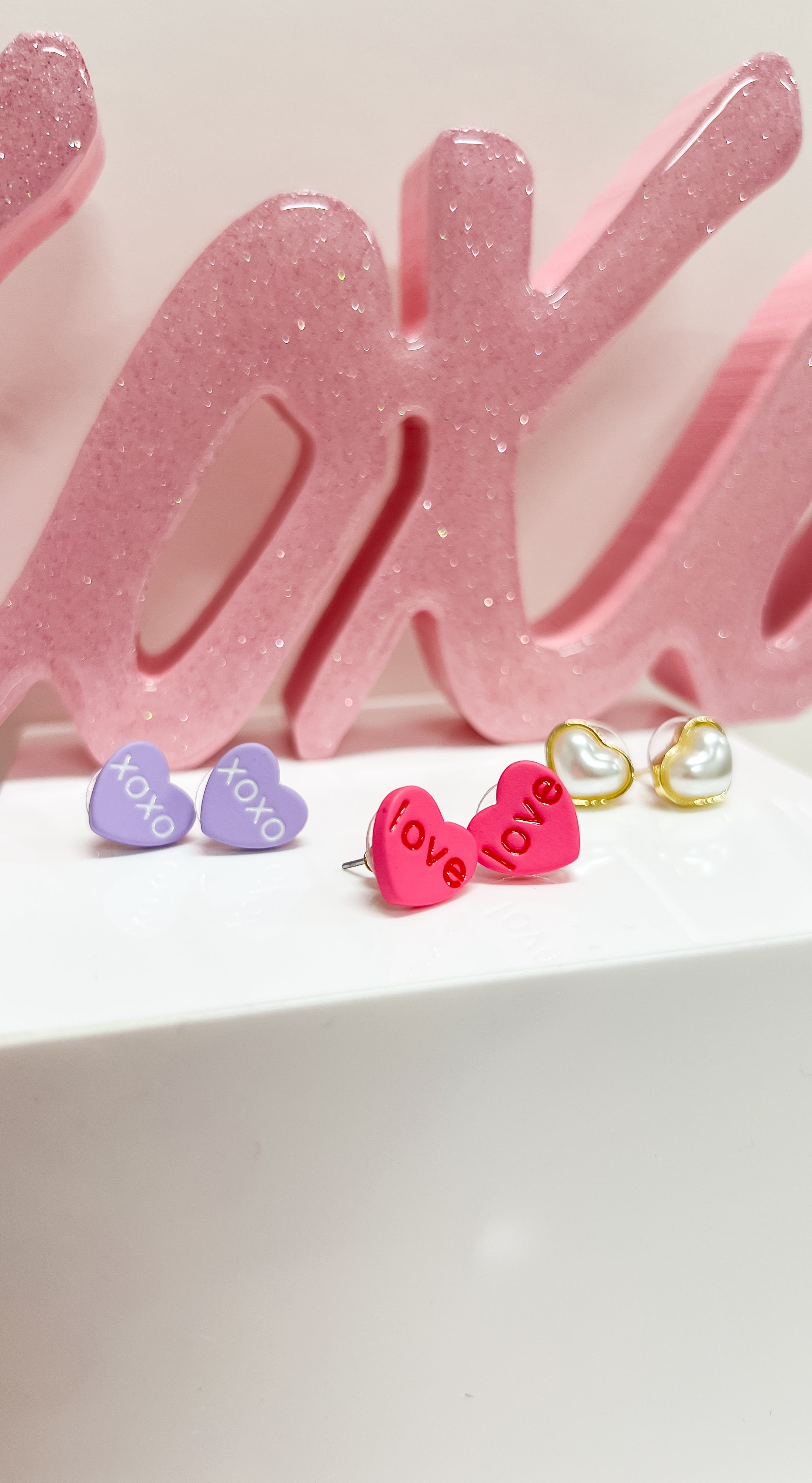 Set of 3 Pink, Pearl & Lavender Heart Earrings