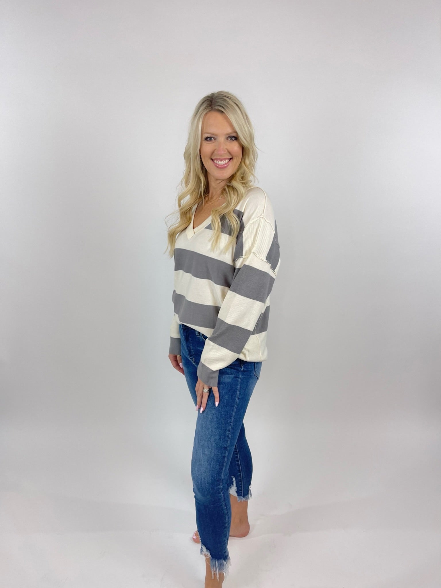 Since Youve Been Gone Grey/Cream V-Neck Sweater