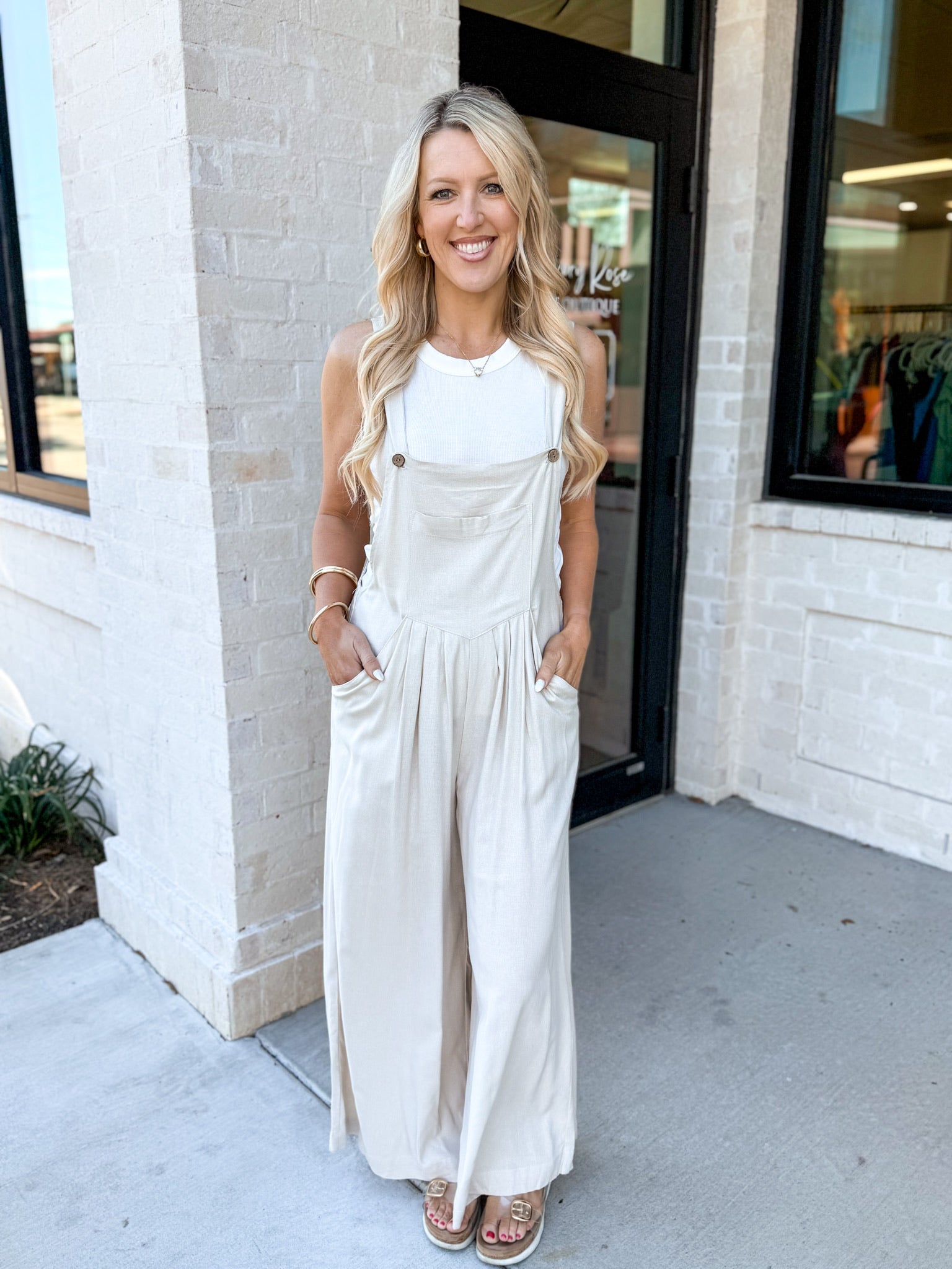 Anastasia Wide Leg Linen Taupe Overalls