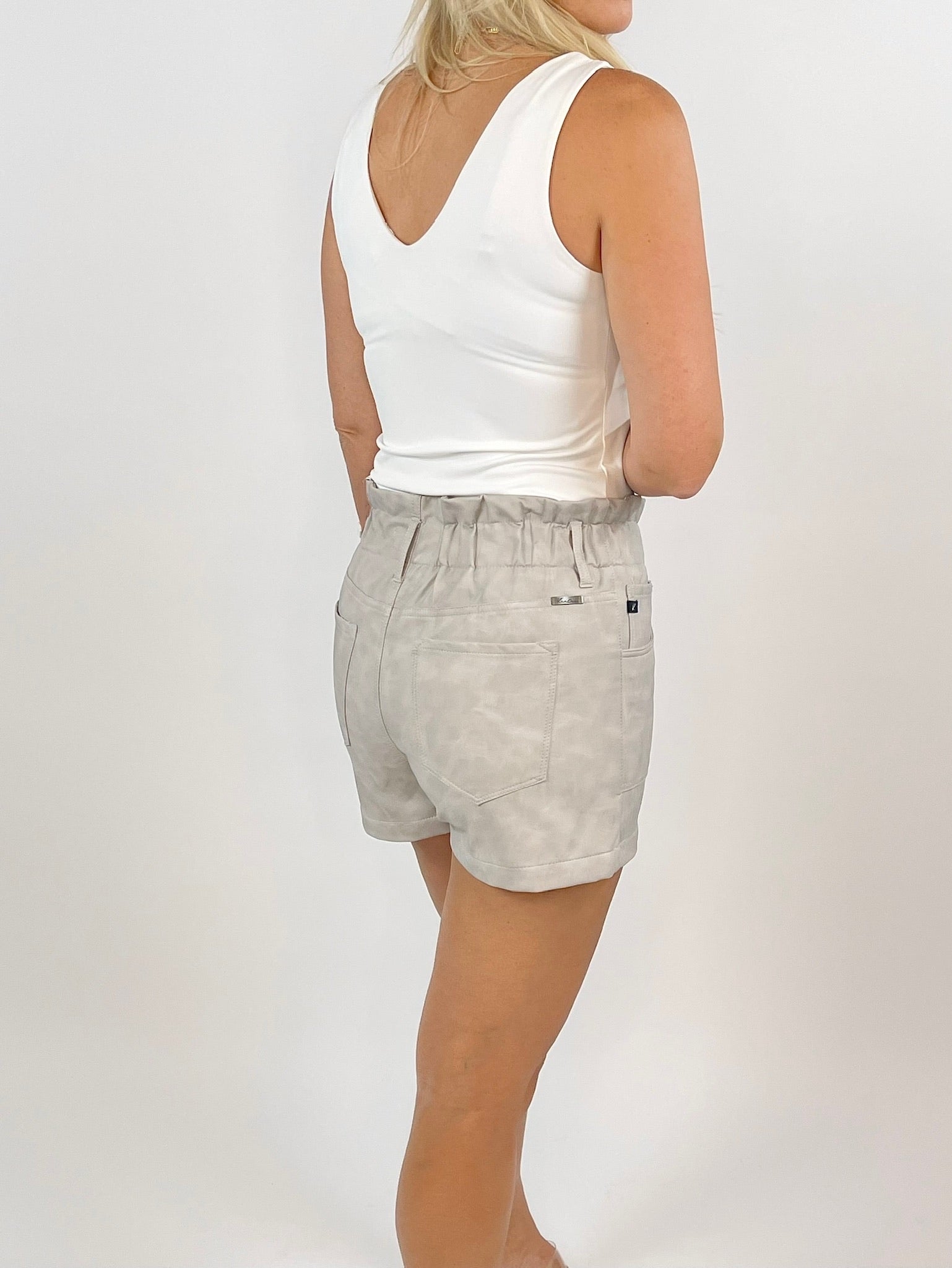 Emma High Rise Paperbag Faux Leather Taupe Shorts