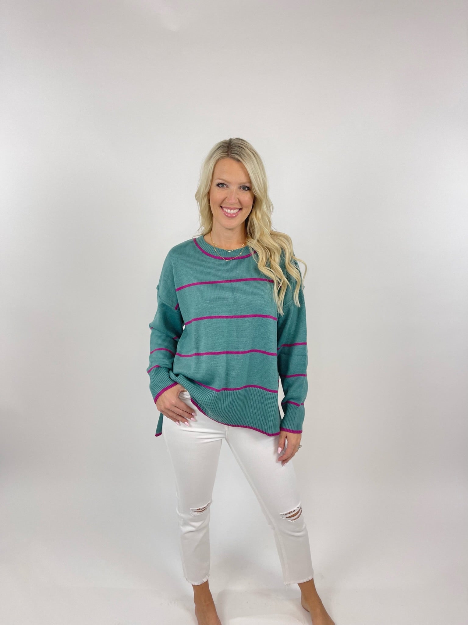 Holding You Teal & Magenta Striped Sweater