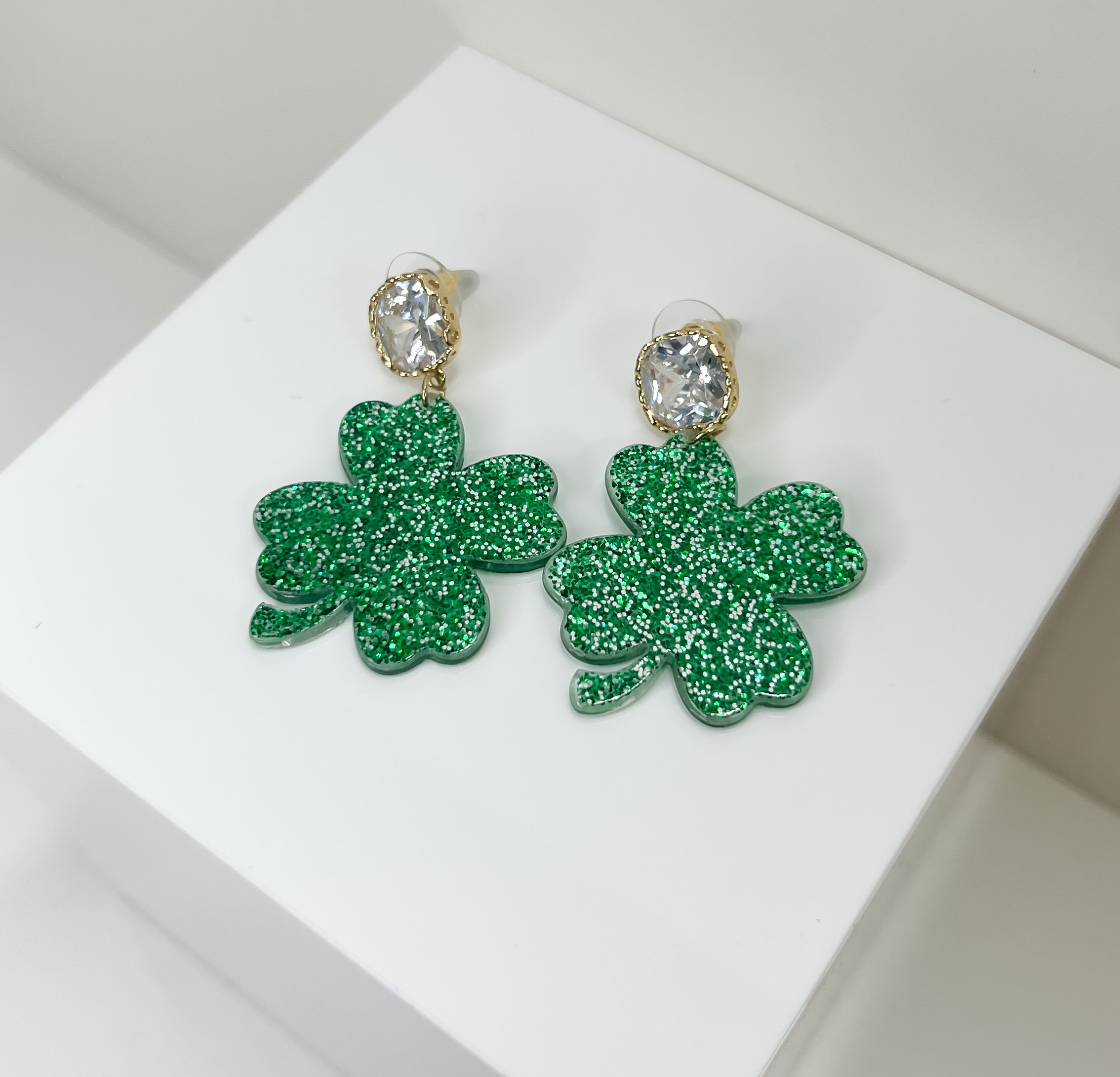 Crystal Post & Green Four Leaf Clover Earrings