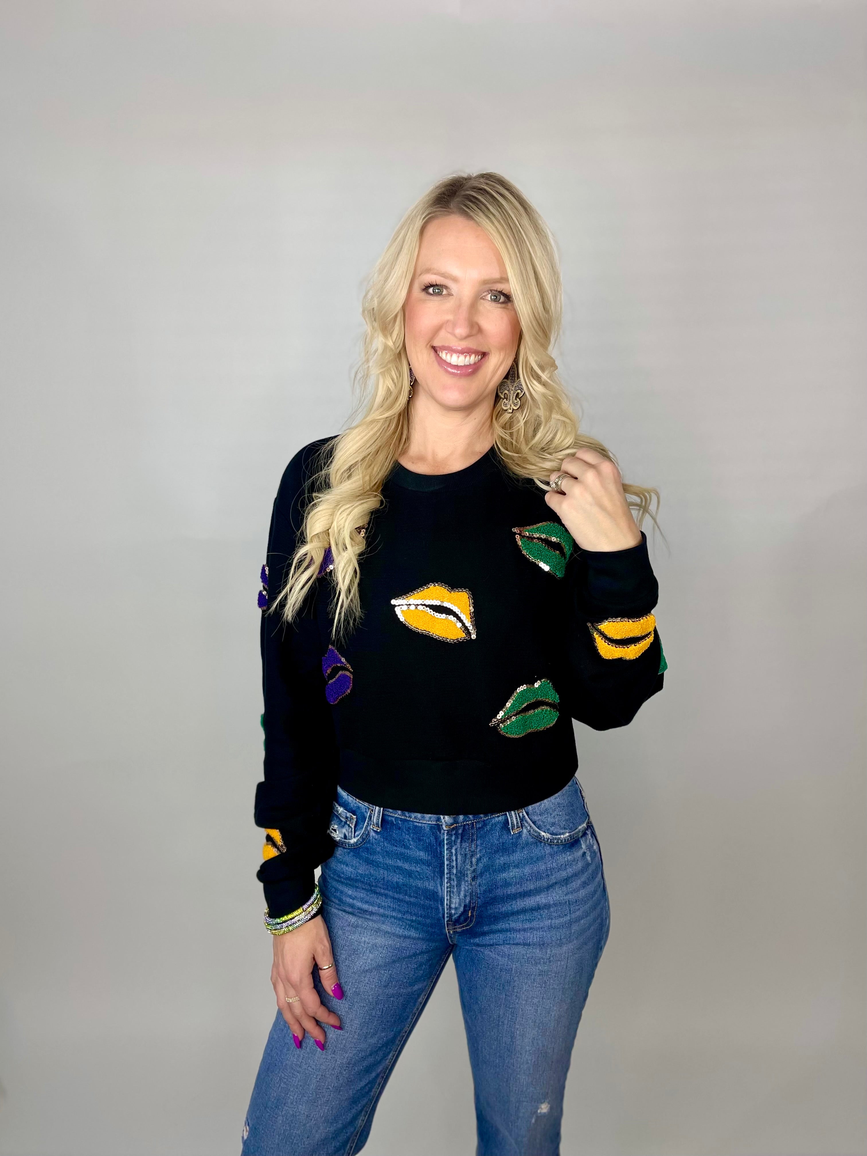 Purple Green & Gold Sequins Lip Cropped Sweater