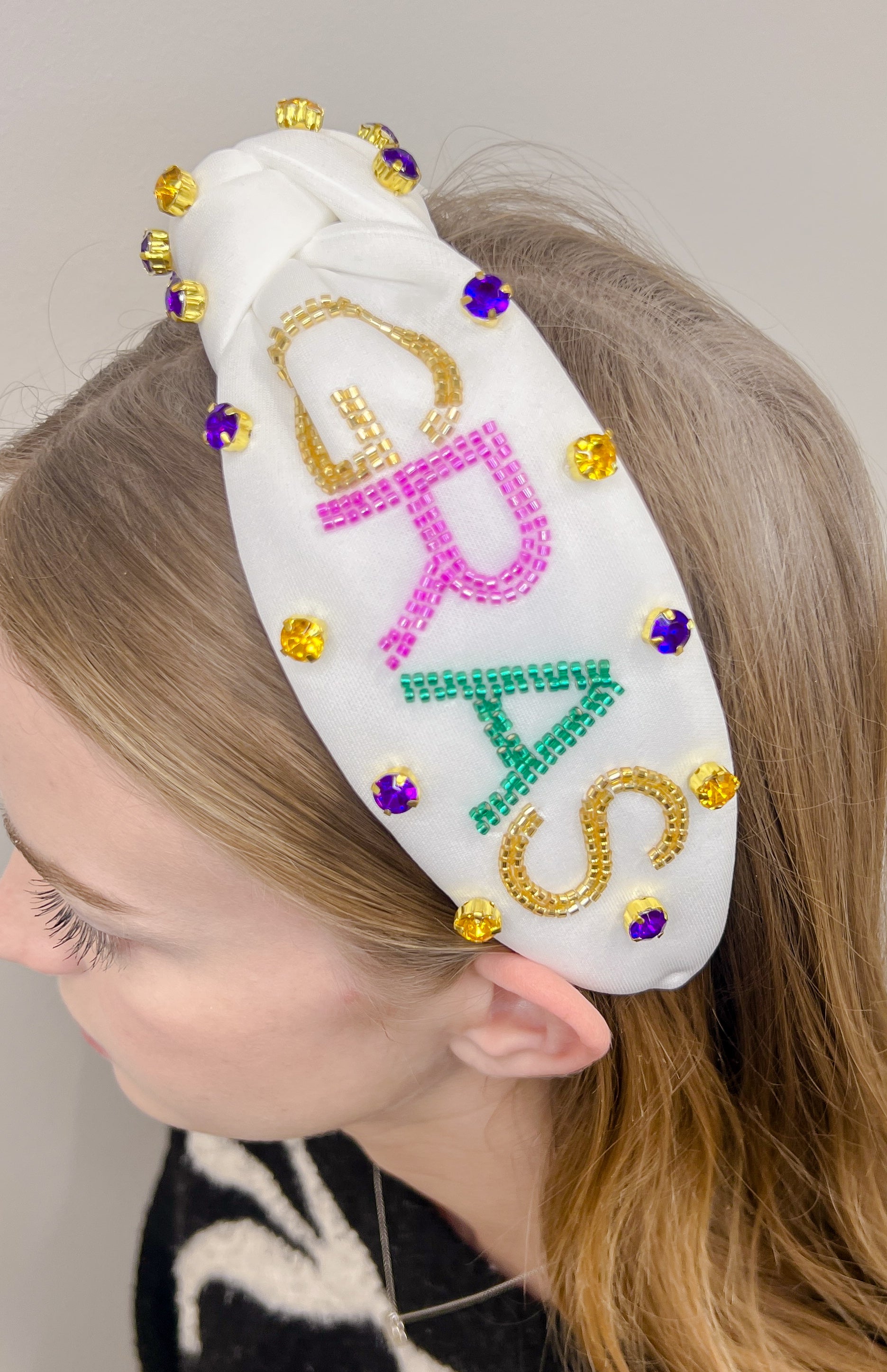 Mardi Gras Beaded White Headband