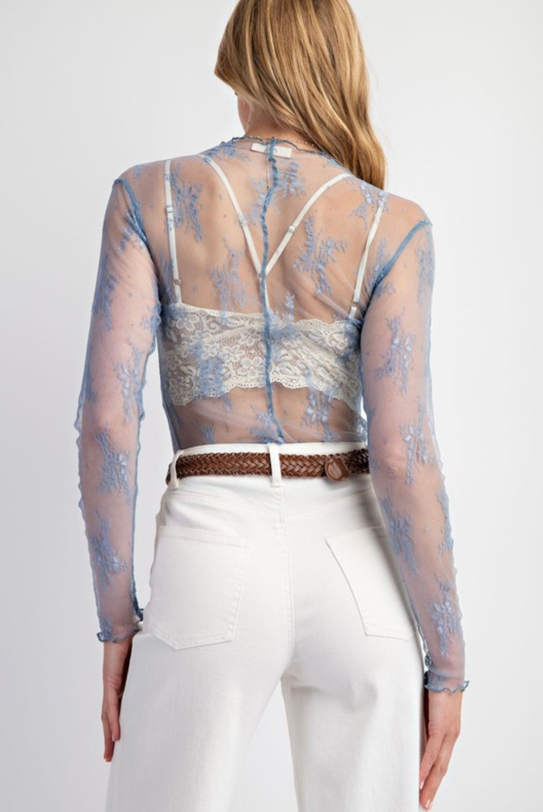 Never Stray Blue Sheer Lace Fitted Top