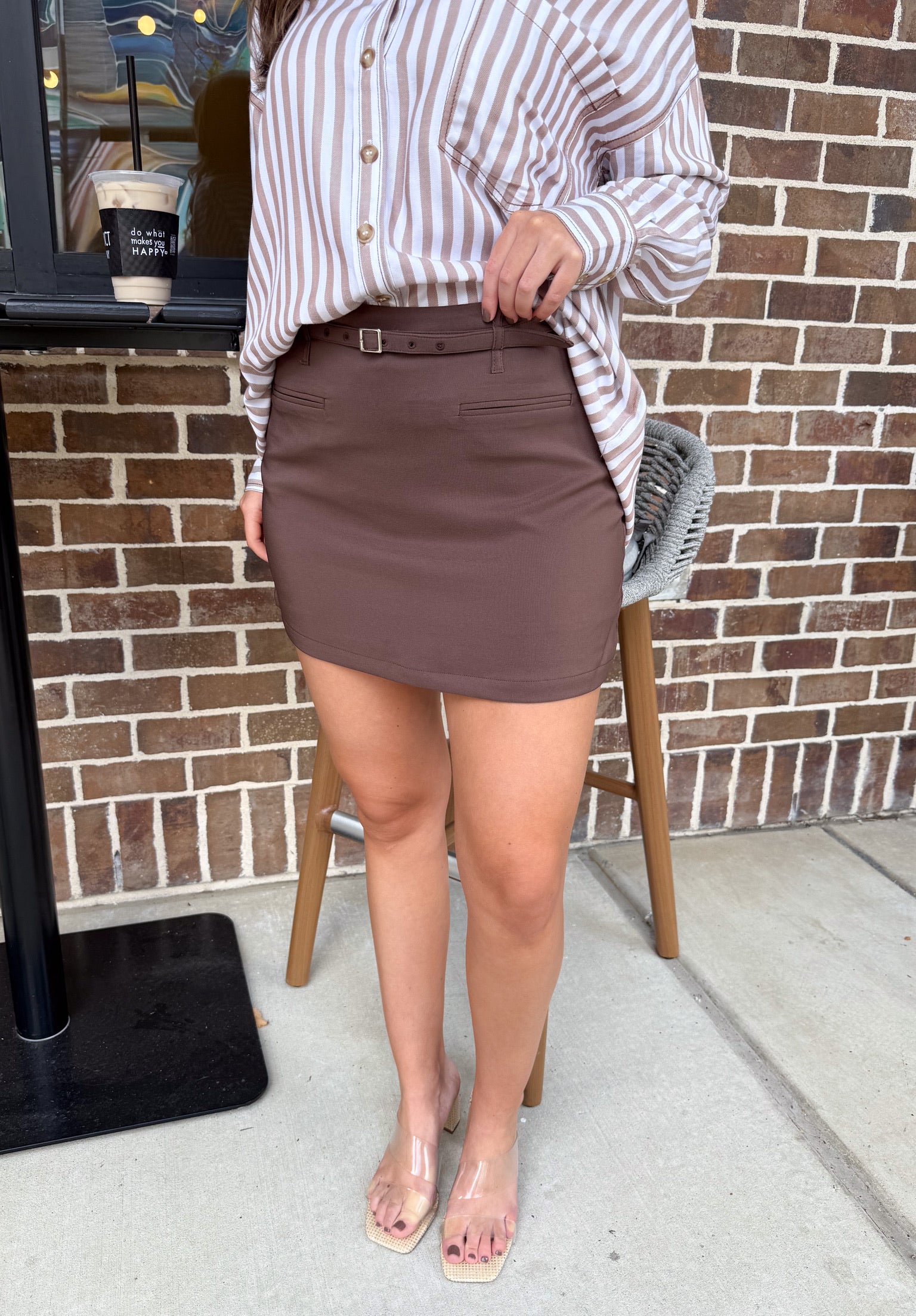 Walk With Me Brown Belted Mini Skirt