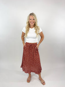 Keep Smiling Long Rust Skirt With Cinched Waist