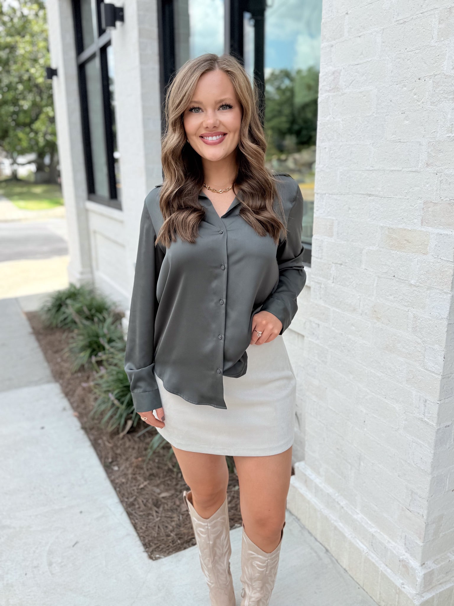 Show & Tell Button Down Dark Olive Blouse