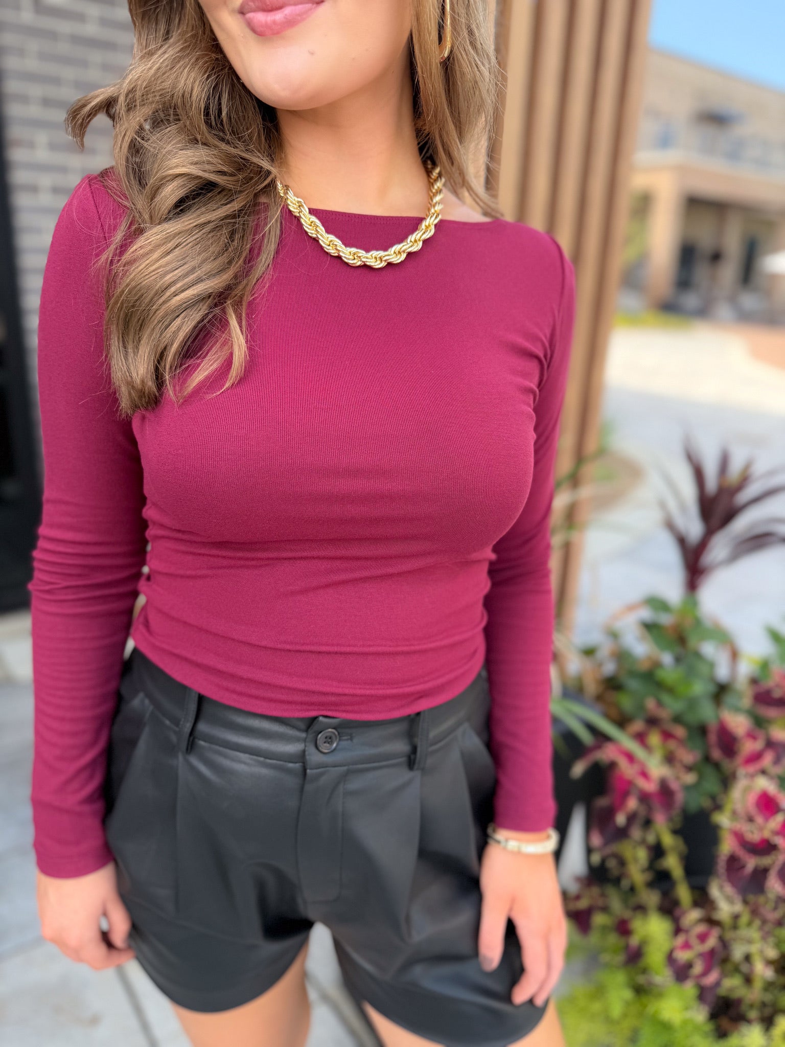 Stacey Boat Neck Long Sleeve Burgundy Top