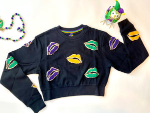 Purple Green & Gold Sequins Lip Cropped Sweater