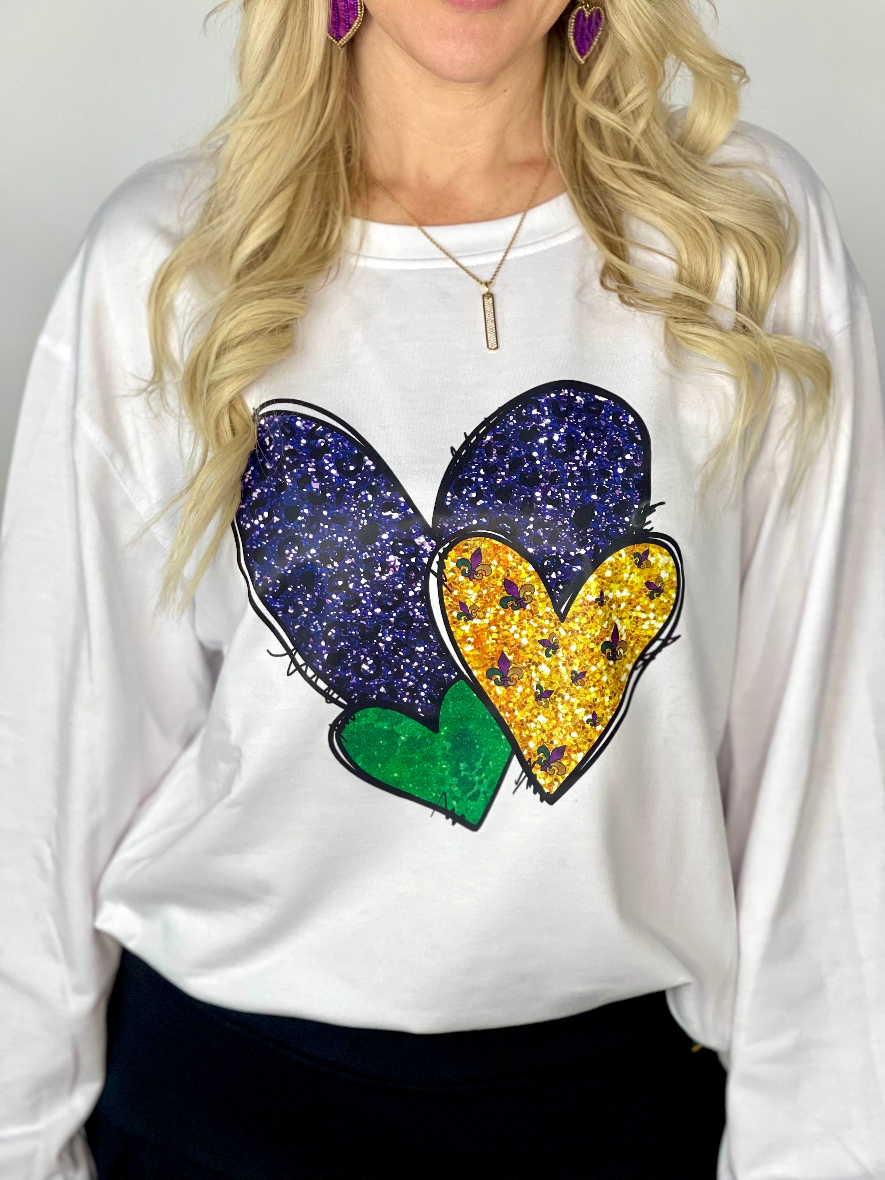 Purple Green & Gold Mardi Gras Hearts Sweatshirt