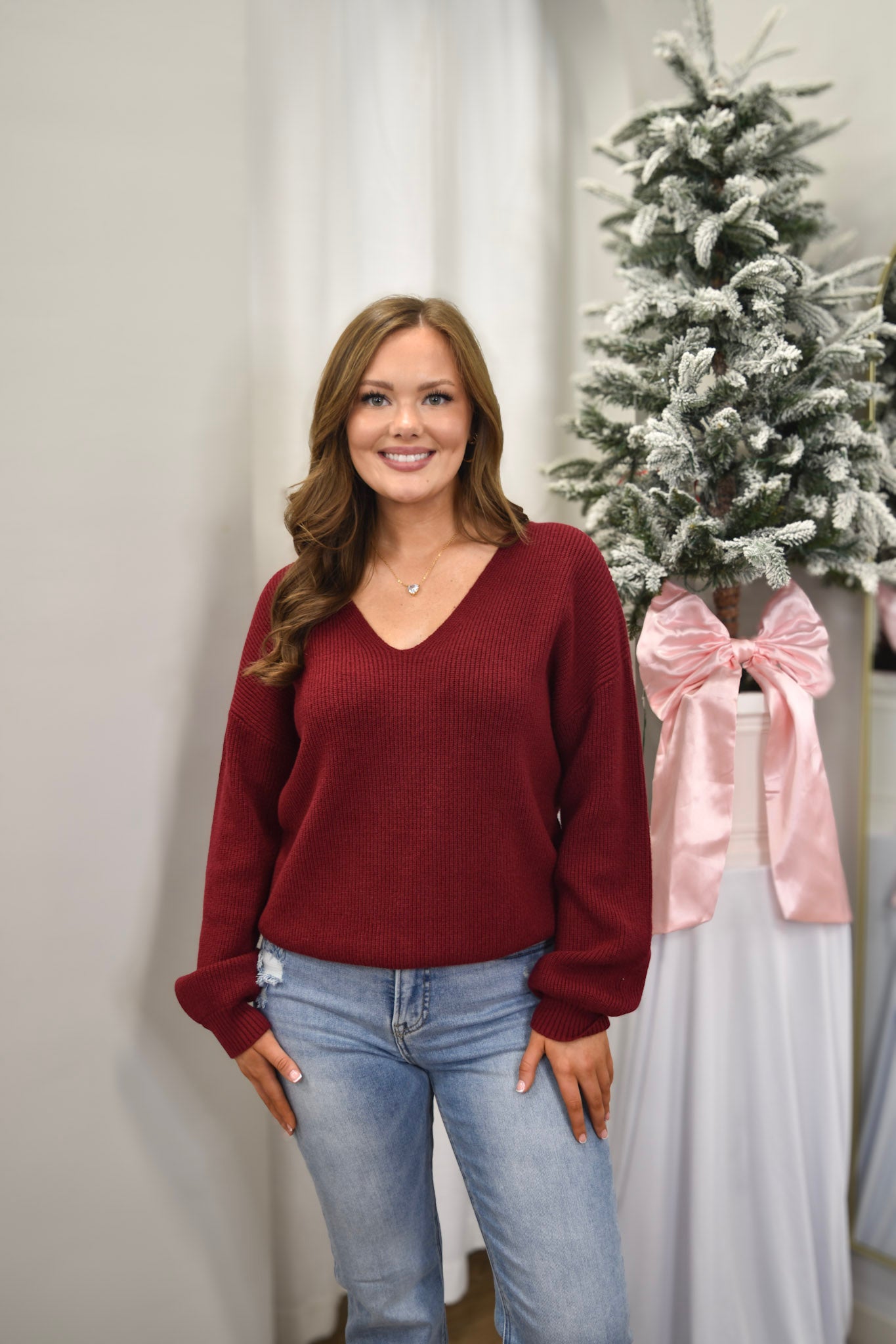 Dreams Become Reality Deep Red Sweater With Bow Detail