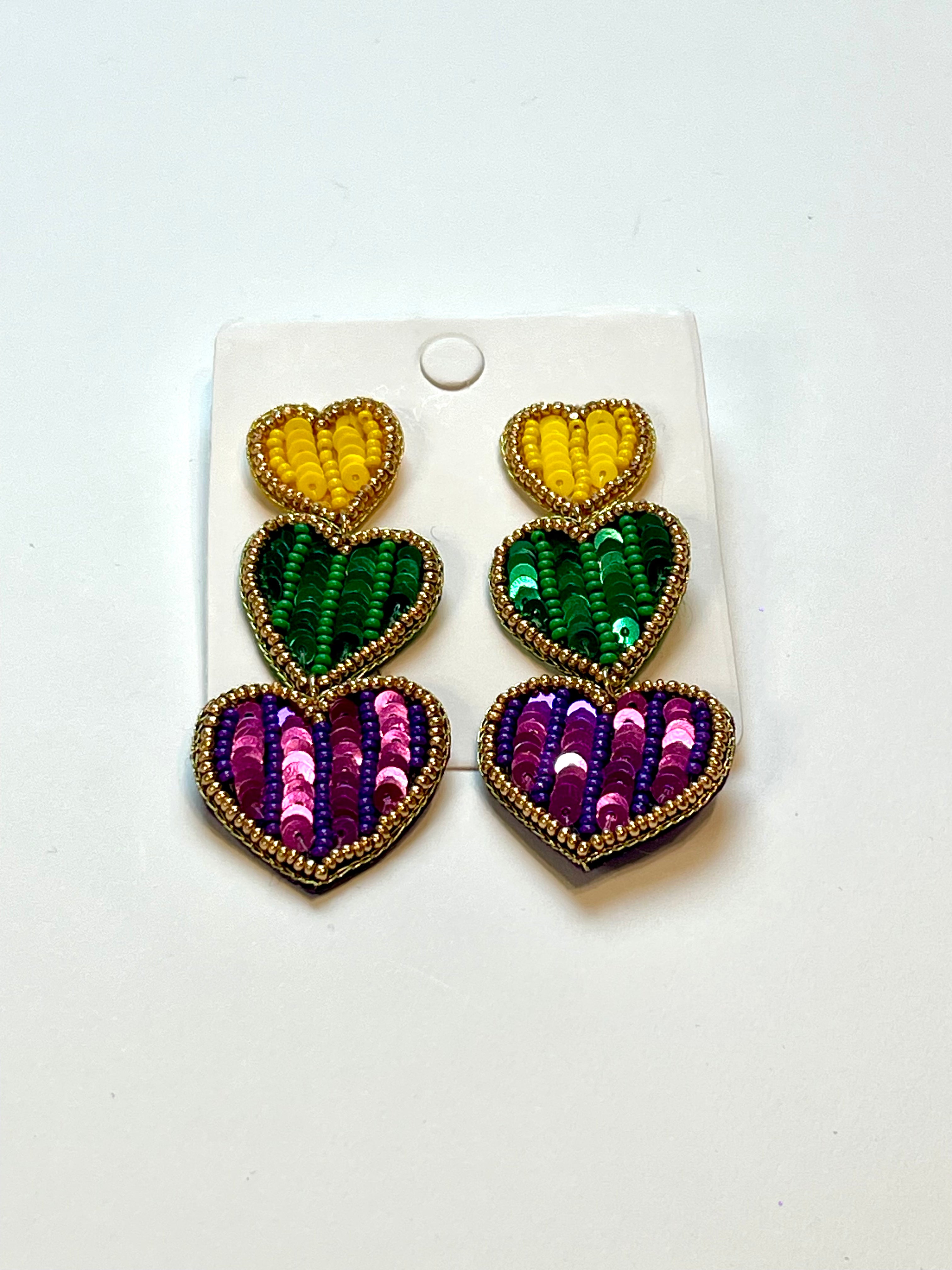 Purple, Green & Gold Triple Heart Sequins Earrings