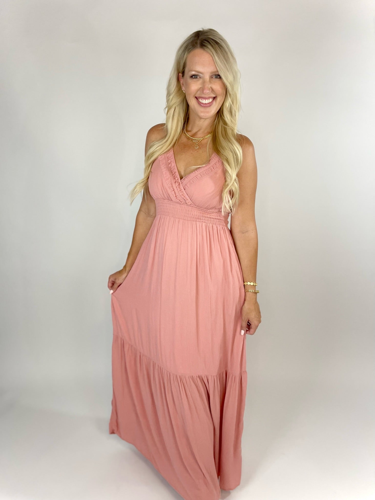 A Perfect Love Ruched Detail Pink Maxi Dress