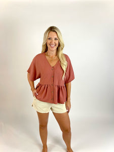 Around The Corner Button Up Peplum Clay Blouse