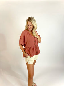 Around The Corner Button Up Peplum Clay Blouse